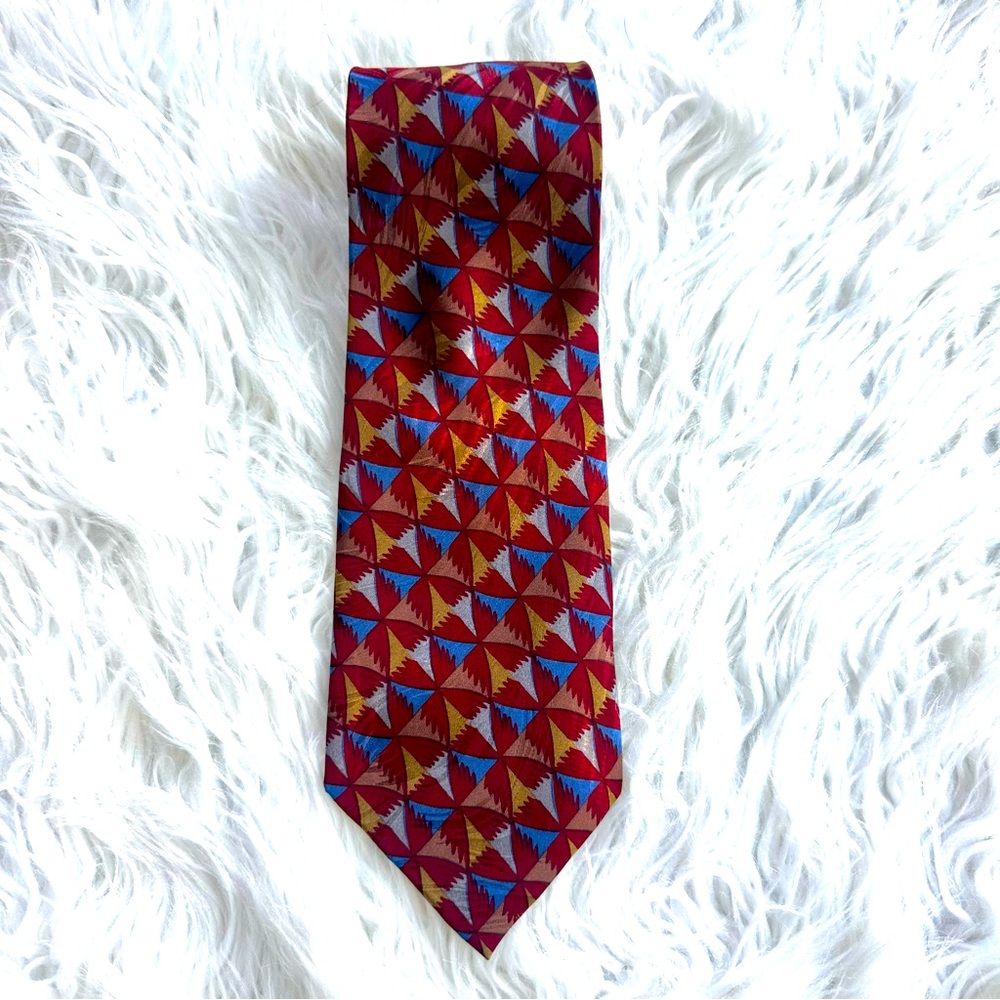 Silk Road Tie Red w Blue Brown Geometric 58” x 3.75”